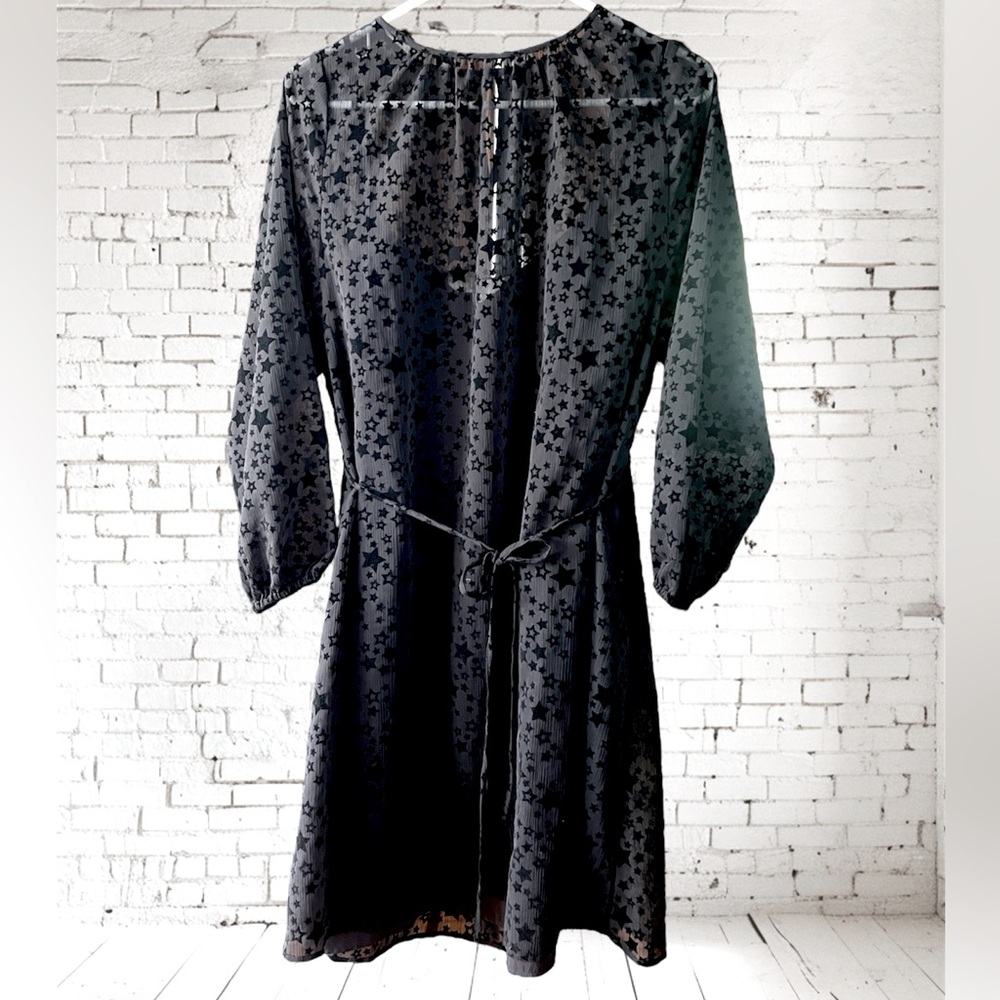 Loft sz M black slip dress with attached long sleeve star patterned overdress.